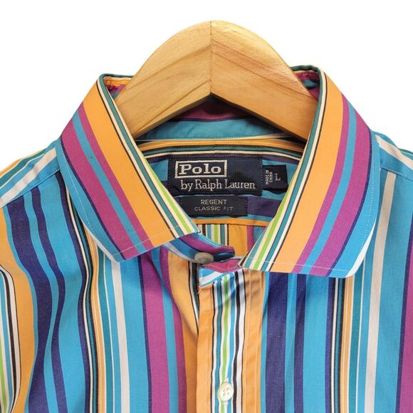 VTG 90s Polo Ralph Lauren Striped Colorblock Long Sleeve Button Shirt Mens Large - Picture 4 of 7